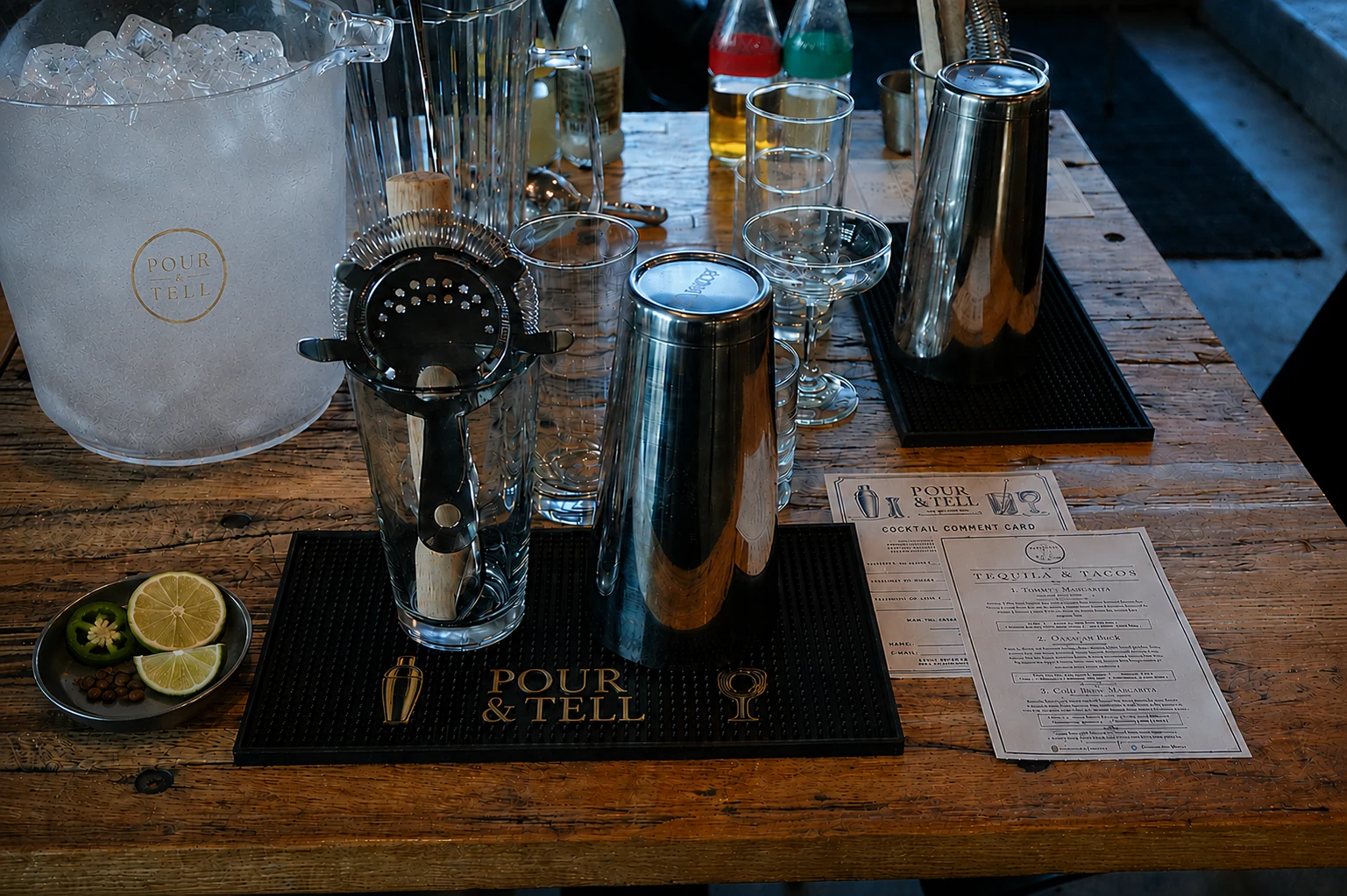 A Pour & Tell cocktail station with polished shakers, glassware, strainers, fresh garnishes, and recipe cards.